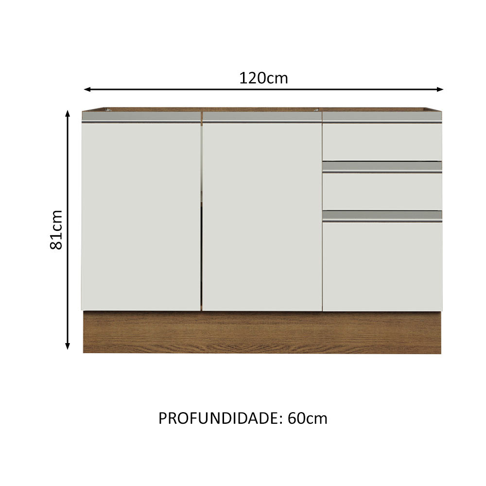 Balcão Gabinete de Pia Madesa Glamy 120 x 60 cm 2 Portas e 3 Gavetas (Sem Tampo) Rustic/Branco