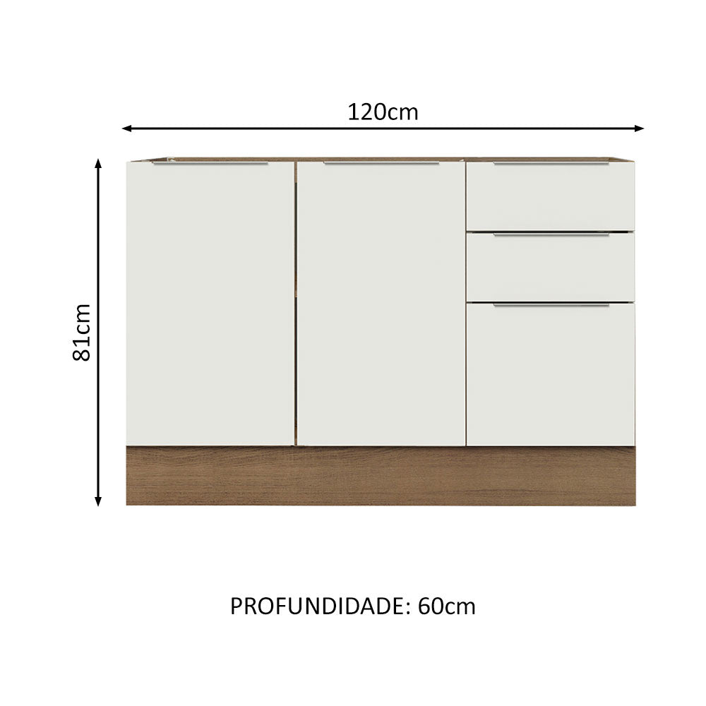 Balcão Gabinete de Pia Madesa Stella 120 x 60 cm 2 Portas e 3 Gavetas (Sem Tampo) Rustic/Branco