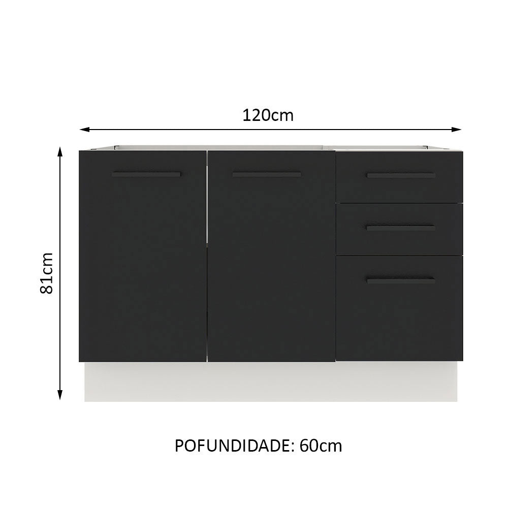 Balcão Gabinete de Pia Madesa Agata 120 x 60 cm 2 Portas e 3 Gavetas (Sem Tampo) Branco/Preto