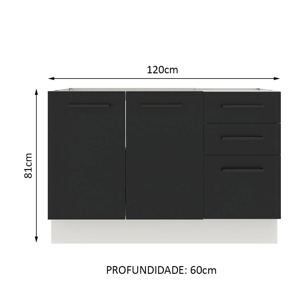 Balcão Gabinete de Pia Madesa Agata 120 x 60 cm 2 Portas e 3 Gavetas (Sem Tampo) Branco/Preto