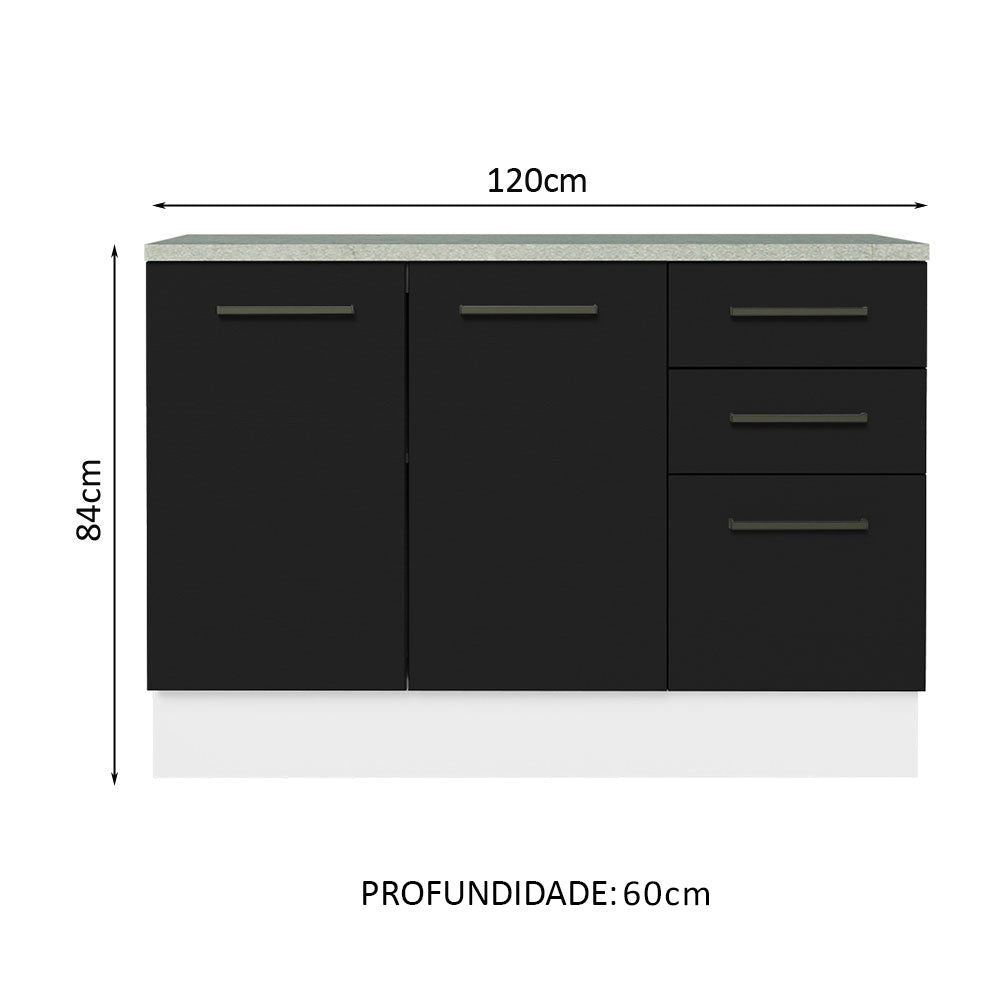 Balcão Cozinha 120 x 60 cm 2 Portas e 3 Gavetas (Com Tampo) Branco/Preto Agata Madesa