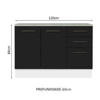 Balcão Cozinha 120 x 60 cm 2 Portas e 3 Gavetas (Com Tampo) Branco/Preto Agata Madesa