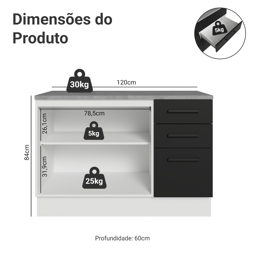 Balcão Cozinha 120 x 60 cm 2 Portas e 3 Gavetas (Com Tampo) Branco/Preto Agata Madesa