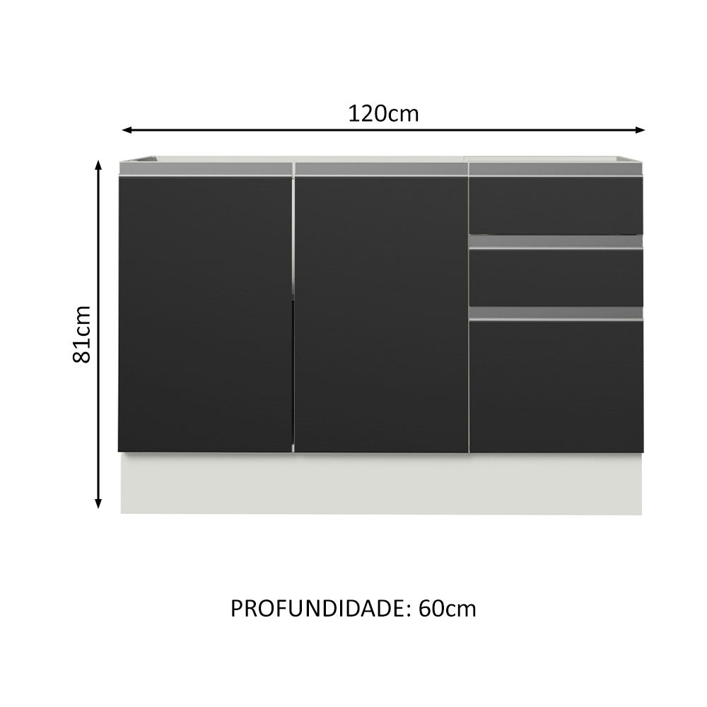 Balcão Gabinete de Pia Madesa Glamy 120 x 60 cm 2 Portas e 3 Gavetas (Sem Tampo) Branco/Preto