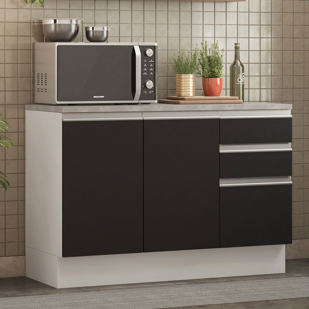 Balcão Cozinha 120 x 60 cm 2 Portas e 3 Gavetas (Com Tampo) Branco/Preto Glamy Madesa
