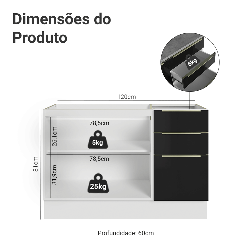 Balcão Gabinete de Pia 120 x 60 cm 2 Portas 3 Gavetas (Sem Tampo) Branco/Preto Lux Madesa