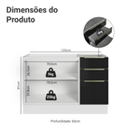 Balcão Gabinete de Pia 120 x 60 cm 2 Portas 3 Gavetas (Sem Tampo) Branco/Preto Lux Madesa