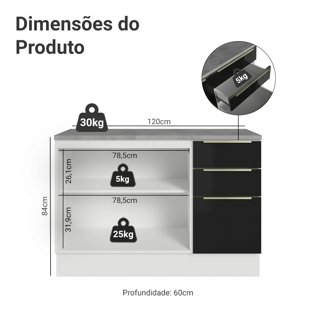 Balcão de Cozinha 120 x 60 cm 2 Portas 3 Gavetas (Com Tampo) Branco/Preto Lux Madesa