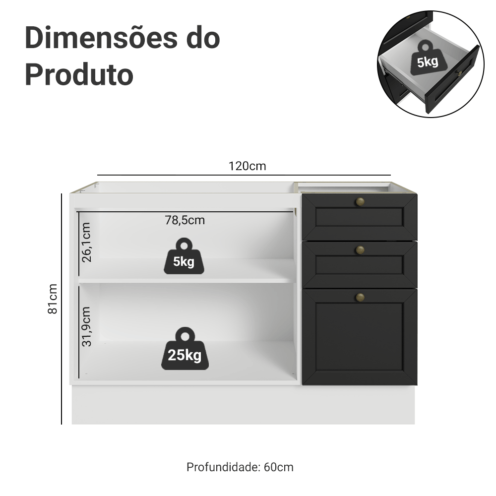 Balcão de Pia 120 x 60 cm 2 Portas 3 Gavetas (Sem Tampo) Branco/Preto Vik Madesa