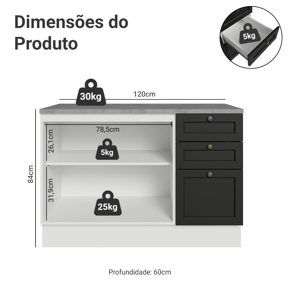 Balcão de Cozinha 120 x 60 cm 2 Portas 3 Gavetas (Com Tampo) Branco/Preto Vik Madesa