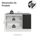 Balcão de Cozinha 120 x 60 cm 2 Portas 3 Gavetas (Com Tampo) Branco/Preto Vik Madesa