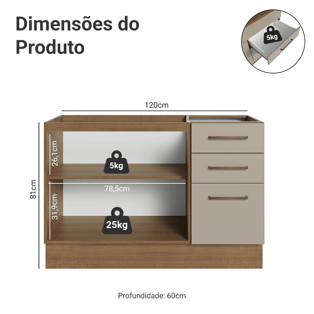 Balcão Gabinete de Pia 120 x 60 cm 2 Portas e 3 Gavetas (Sem Tampo) Rustic/Crema Agata Madesa