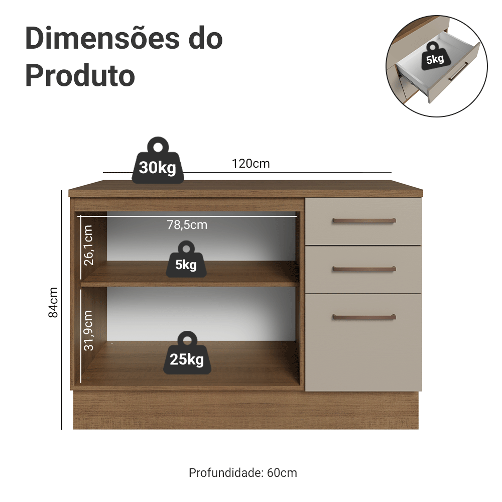 Balcão Cozinha 120 x 60 cm 2 Portas e 3 Gavetas (Com Tampo) Rustic/Crema Agata Madesa