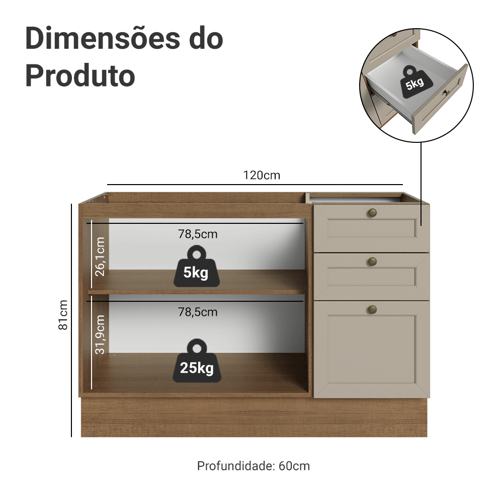 Balcão de Pia 120 x 60 cm 2 Portas 3 Gavetas (Sem Tampo) Rustic/Crema Vik Madesa