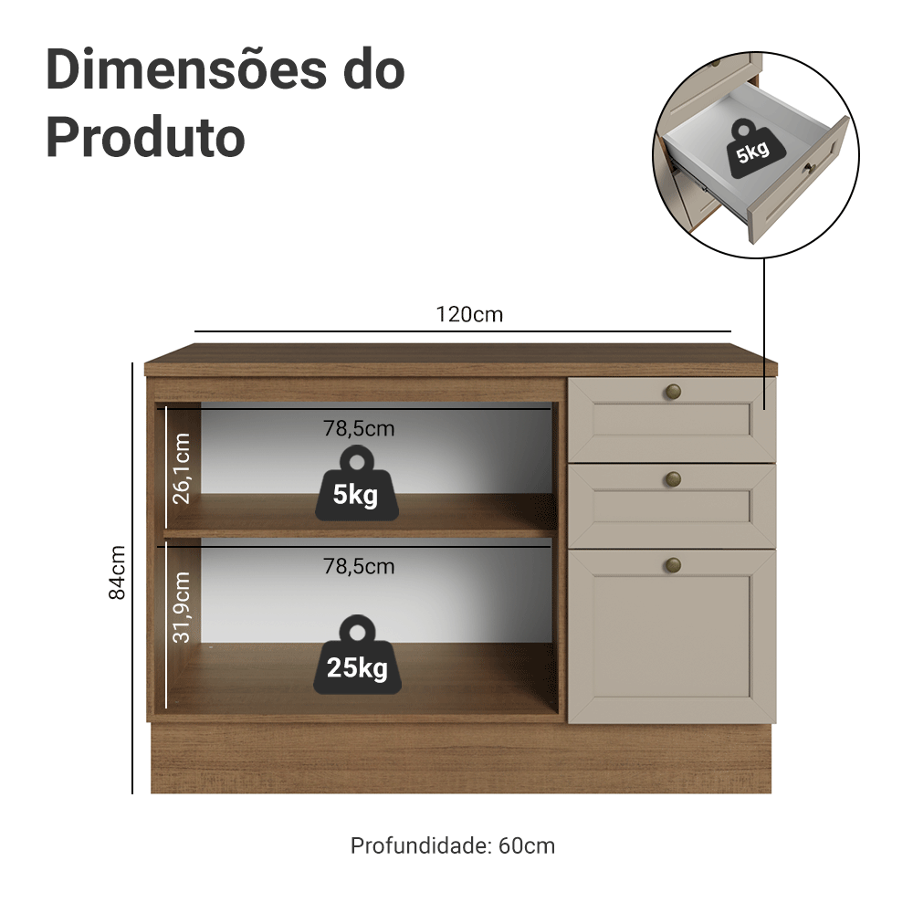 Balcão de Cozinha 120 x 60 cm 2 Portas 3 Gavetas (Com Tampo) Rustic/Crema Vik Madesa
