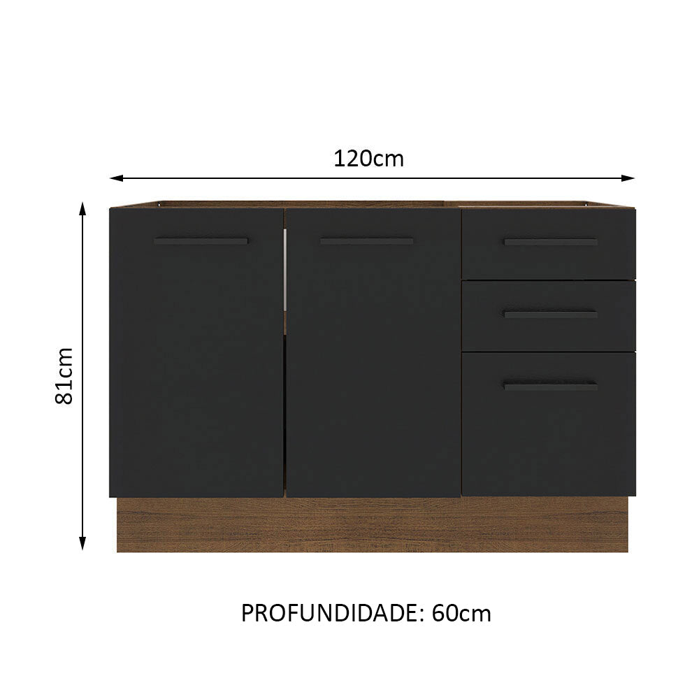 Balcão Gabinete de Pia Madesa Agata 120 x 60 cm 2 Portas e 3 Gavetas (Sem Tampo) Rustic/Preto