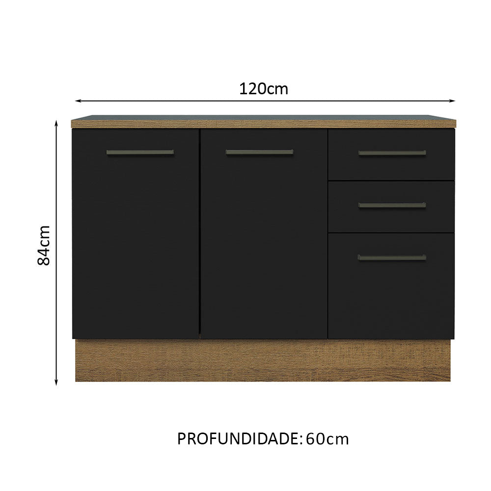 Balcão Cozinha 120 x 60 cm 2 Portas e 3 Gavetas (Com Tampo) Rustic/Preto Agata Madesa