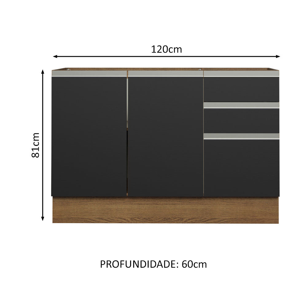 Balcão Gabinete de Pia Madesa Glamy 120 x 60 cm 2 Portas e 3 Gavetas (Sem Tampo) Rustic/Preto