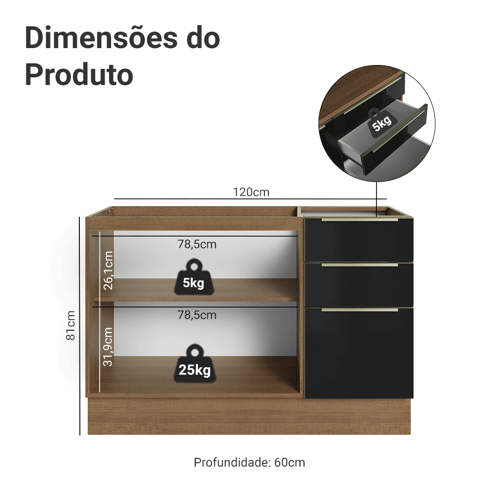 Balcão Gabinete de Pia 120 x 60 cm 2 Portas 3 Gavetas (Sem Tampo) Rustic/Preto Lux Madesa