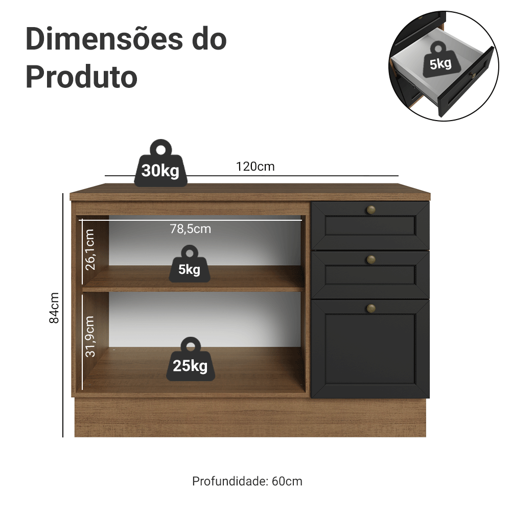 Balcão de Cozinha 120 x 60 cm 2 Portas 3 Gavetas (Com Tampo) Rustic/Preto Vik Madesa