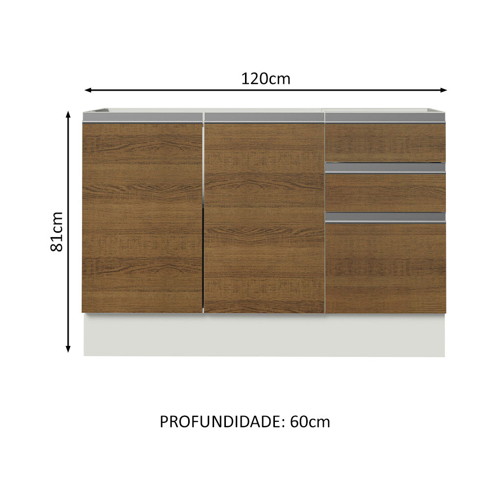 Balcão Gabinete de Pia Madesa Glamy 120 x 60 cm 2 Portas e 3 Gavetas (Sem Tampo) Branco/Rustic