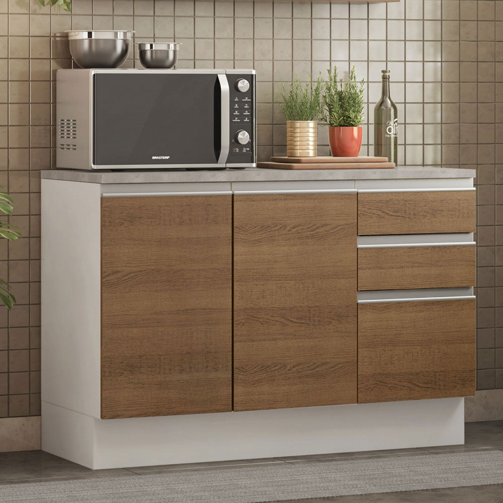 Balcão Cozinha 120 x 60 cm 2 Portas e 3 Gavetas (Com Tampo) Branco/Rustic Glamy Madesa