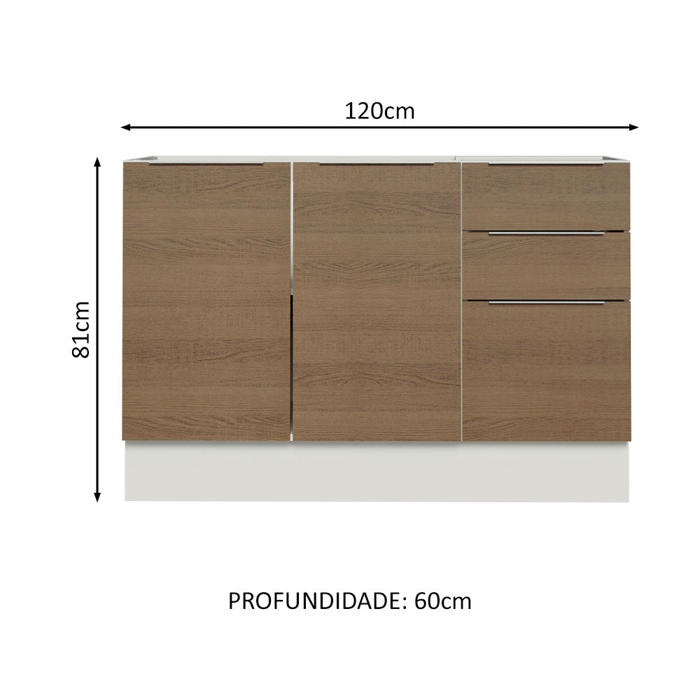 Balcão Gabinete de Pia Madesa Stella 120 x 60 cm 2 Portas e 3 Gavetas (Sem Tampo) Branco/Rustic