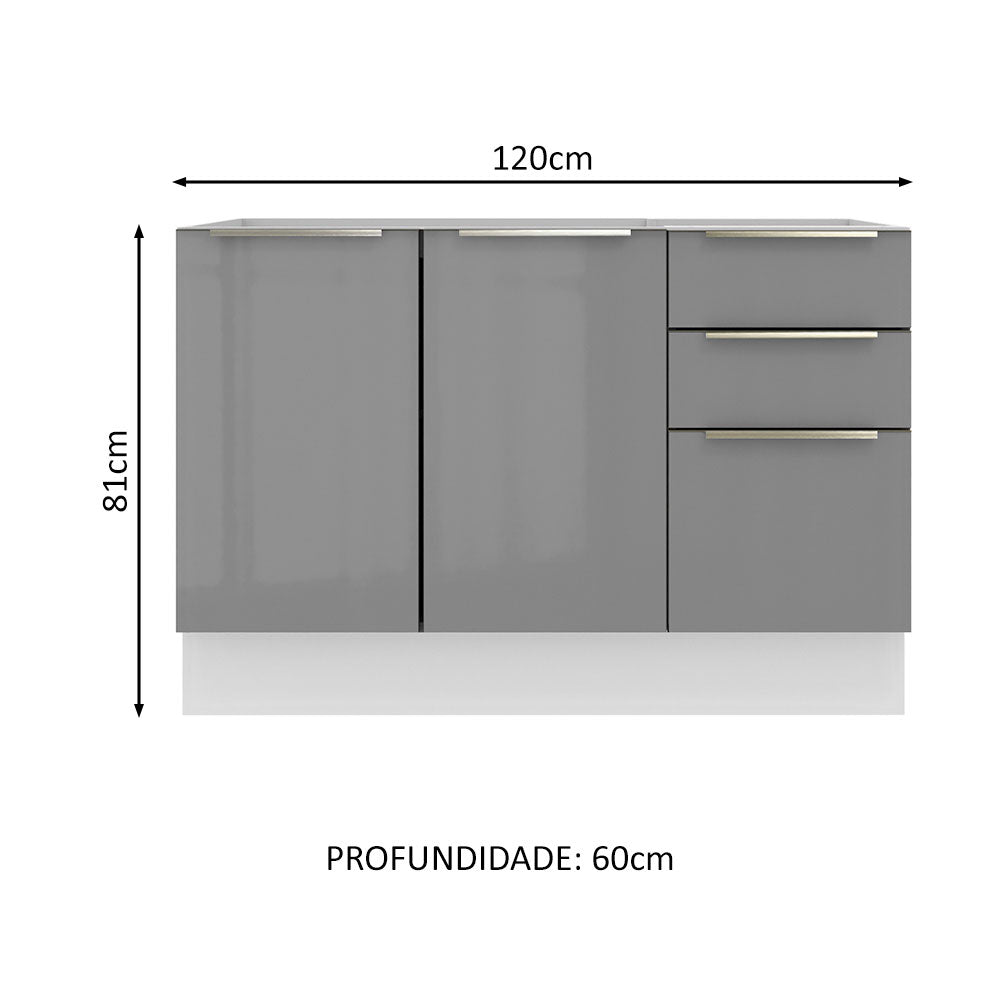 Balcão Gabinete de Pia 120 x 60 cm 2 Portas 3 Gavetas (Sem Tampo) Branco/Cinza Lux Madesa