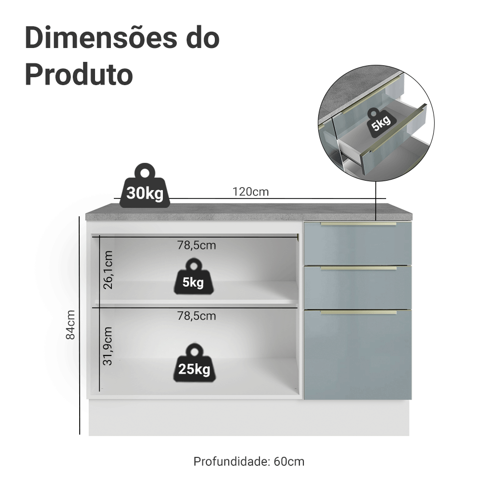 Balcão de Cozinha 120 x 60 cm 2 Portas 3 Gavetas (Com Tampo) Branco/Cinza Lux Madesa