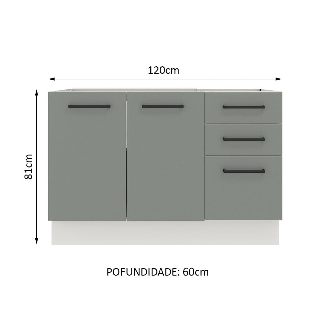 Balcão Gabinete de Pia Madesa Agata 120 x 60 cm 2 Portas e 3 Gavetas (Sem Tampo) Branco/Cinza