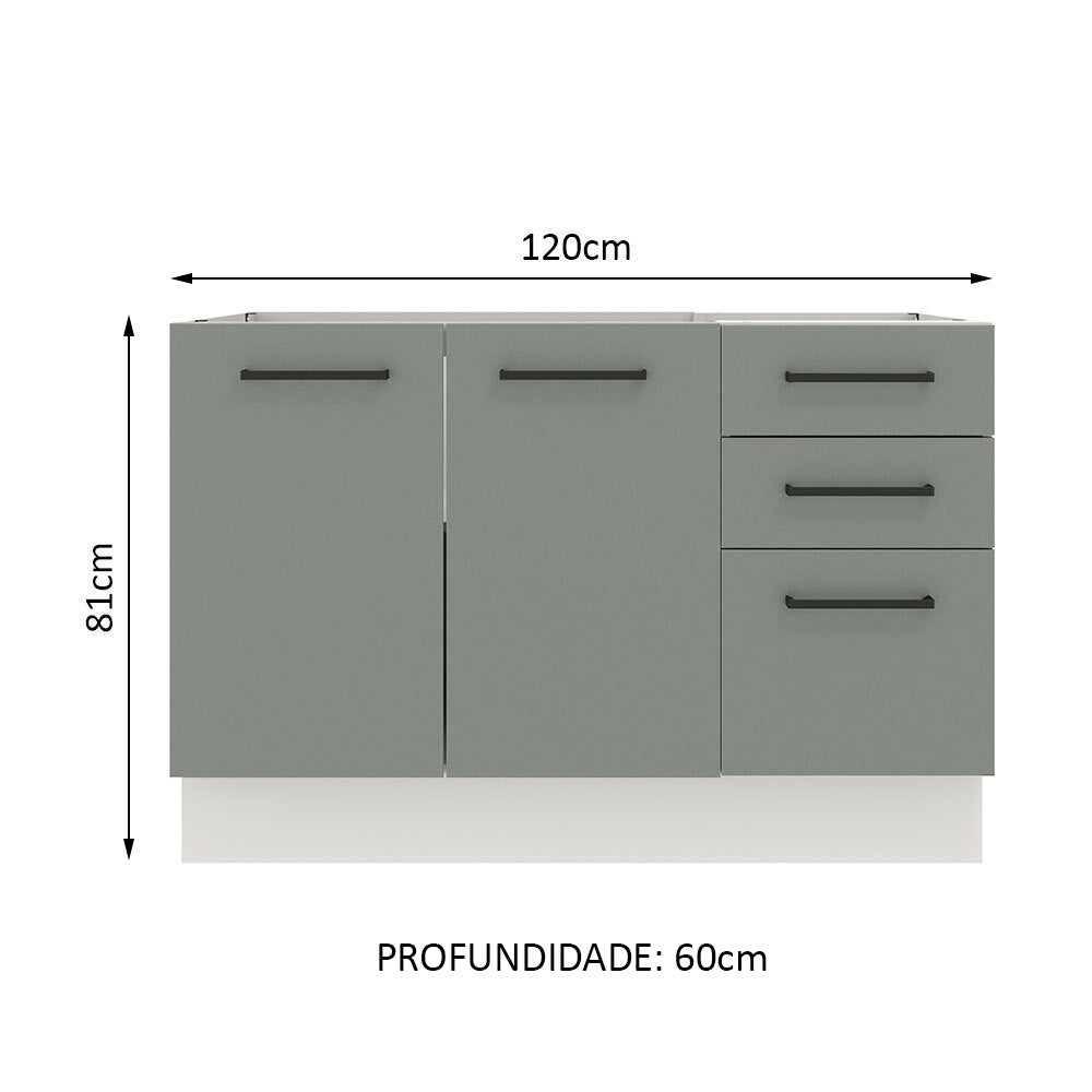Balcão Gabinete de Pia Madesa Agata 120 x 60 cm 2 Portas e 3 Gavetas (Sem Tampo) Branco/Cinza