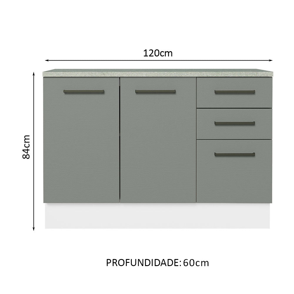 Balcão Cozinha 120 x 60 cm 2 Portas e 3 Gavetas (Com Tampo) Branco/Cinza Agata Madesa