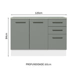 Balcão Cozinha 120 x 60 cm 2 Portas e 3 Gavetas (Com Tampo) Branco/Cinza Agata Madesa