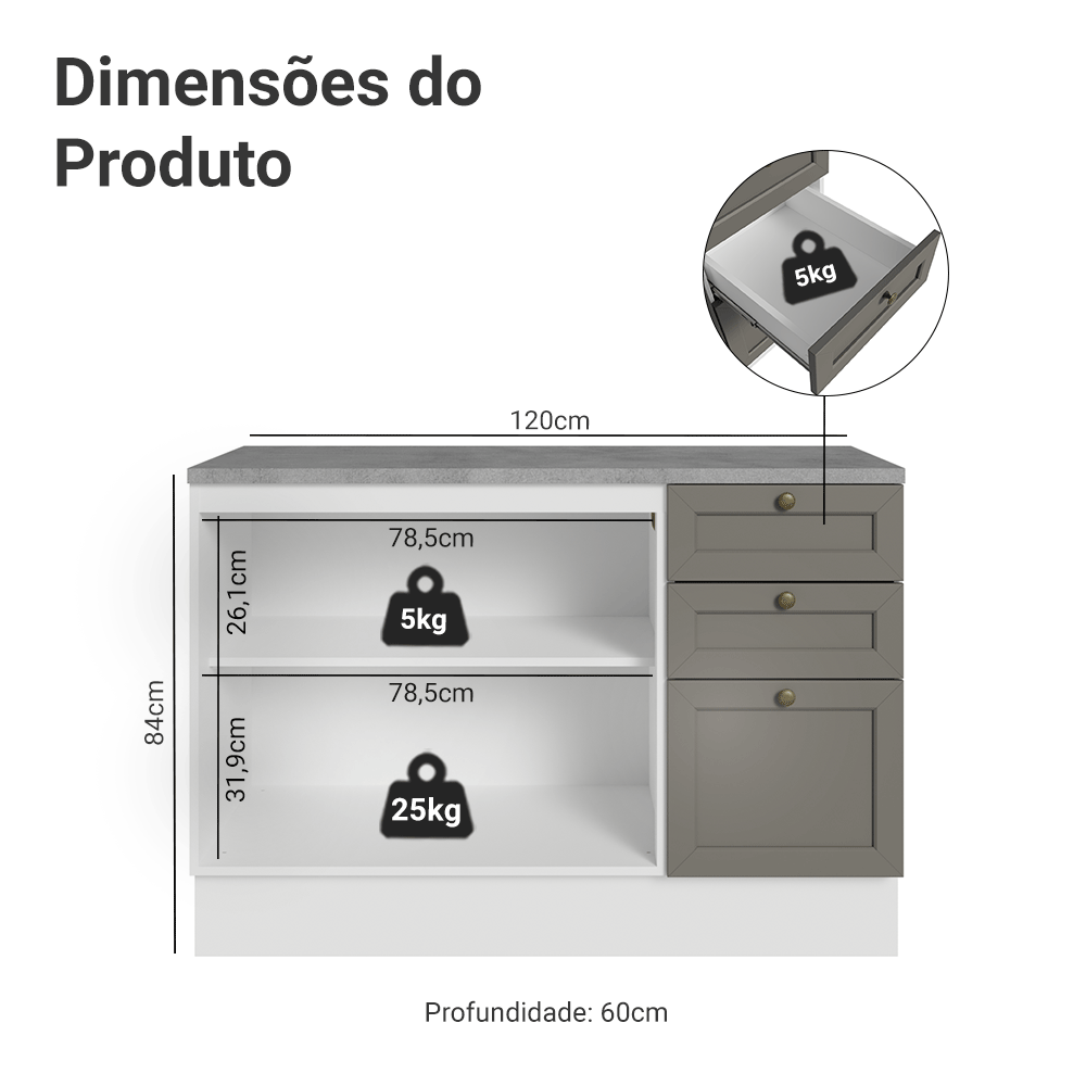 Balcão de Cozinha 120 x 60 cm 2 Portas 3 Gavetas (Com Tampo) Branco/Cinza Vik Madesa