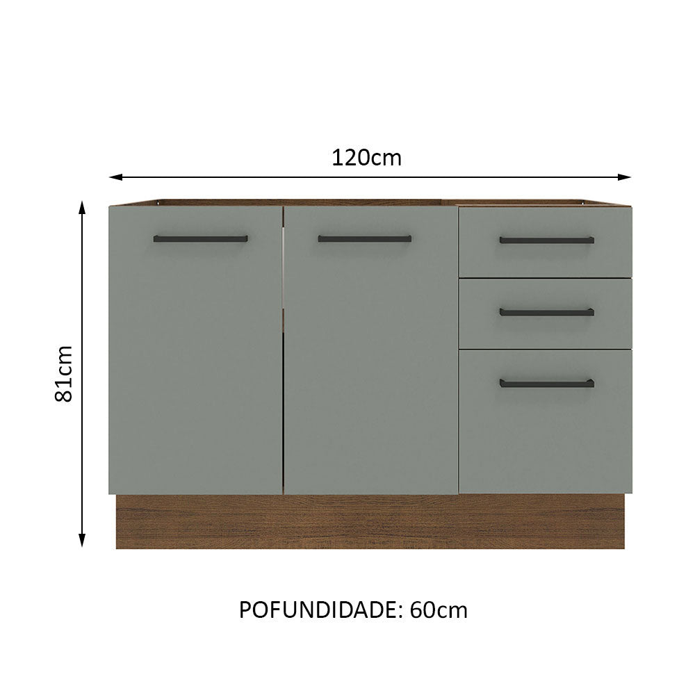 Balcão Gabinete de Pia Madesa Agata 120 x 60 cm 2 Portas e 3 Gavetas (Sem Tampo) Rustic/Cinza