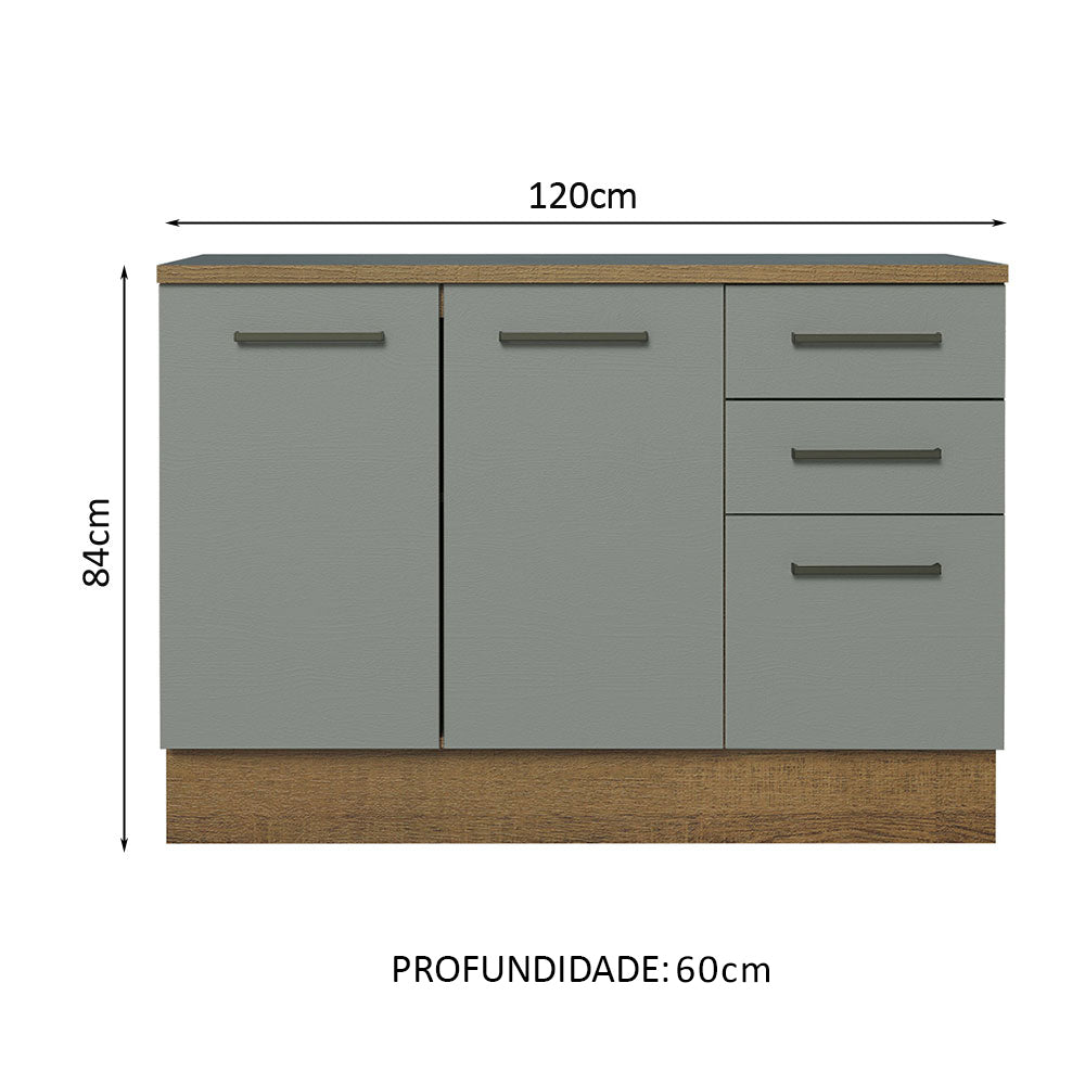 Balcão Cozinha 120 x 60 cm 2 Portas e 3 Gavetas (Com Tampo) Rustic/Cinza Agata Madesa