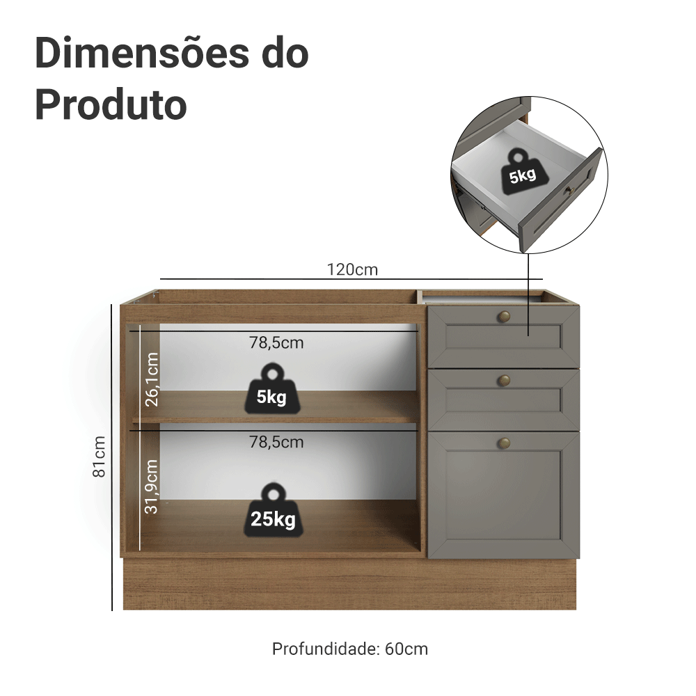 Balcão de Pia 120 x 60 cm 2 Portas 3 Gavetas (Sem Tampo) Rustic/Cinza Vik Madesa
