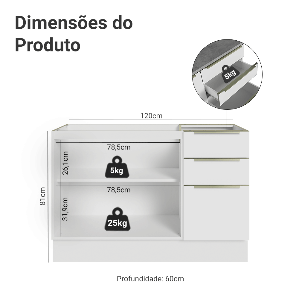 Balcão Gabinete de Pia 120 x 60 cm 2 Portas 3 Gavetas (Sem Tampo) Branco/Branco Veludo Lux Madesa