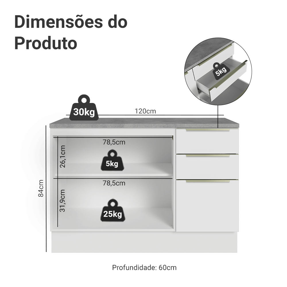 Balcão de Cozinha 120 x 60 cm 2 Portas 3 Gavetas (Com Tampo) Branco/Branco Veludo Lux Madesa