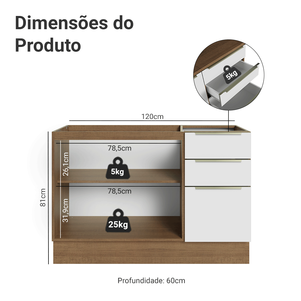 Balcão Gabinete de Pia 120 x 60 cm 2 Portas 3 Gavetas (Sem Tampo) Rustic/Branco Veludo Lux Madesa