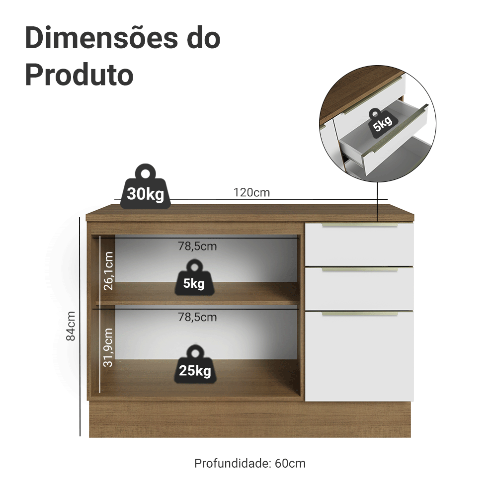 Balcão de Cozinha 120 x 60 cm 2 Portas 3 Gavetas (Com Tampo) Rustic/Branco Veludo Lux Madesa