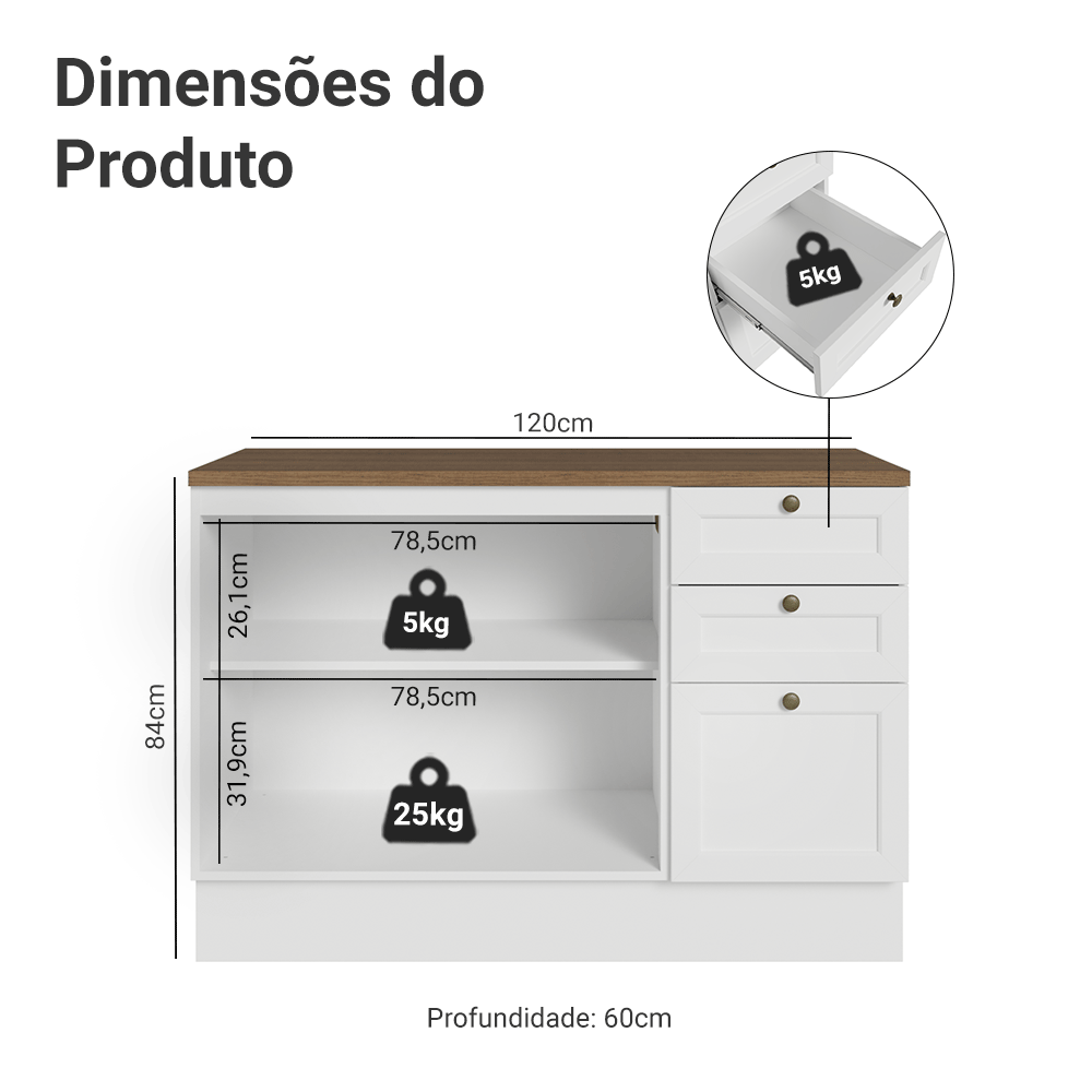 Balcão de Cozinha 120 x 60 cm 2 Portas 3 Gavetas (Com Tampo) Branco/Rustic Vik Madesa