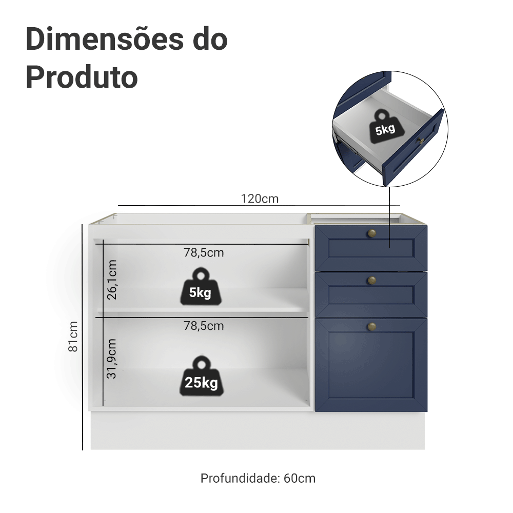 Balcão de Pia 120 x 60 cm 2 Portas 3 Gavetas (Sem Tampo) Branco/Azul Vik Madesa