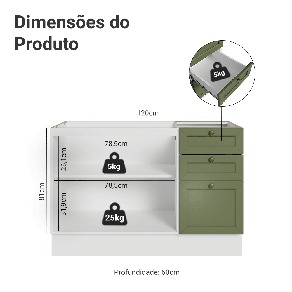 Balcão de Pia 120 x 60 cm 2 Portas 3 Gavetas (Sem Tampo) Branco/Verde Vik Madesa