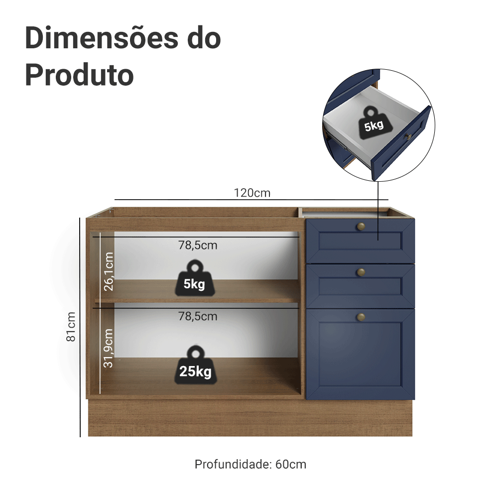 Balcão de Pia 120 x 60 cm 2 Portas 3 Gavetas (Sem Tampo) Rustic/Azul Vik Madesa