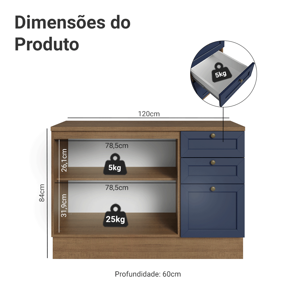 Balcão de Cozinha 120 x 60 cm 2 Portas 3 Gavetas (Com Tampo) Rustic/Azul Vik Madesa