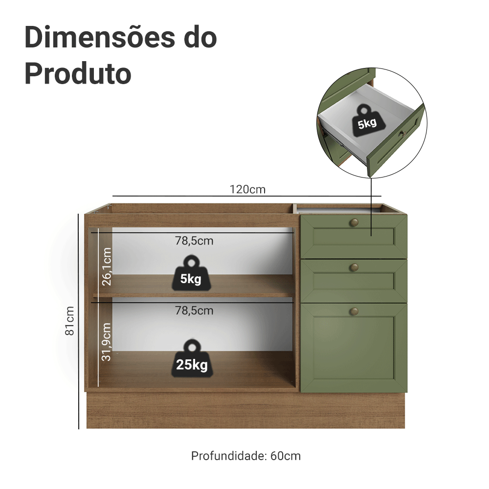 Balcão de Pia 120 x 60 cm 2 Portas 3 Gavetas (Sem Tampo) Rustic/Verde Vik Madesa
