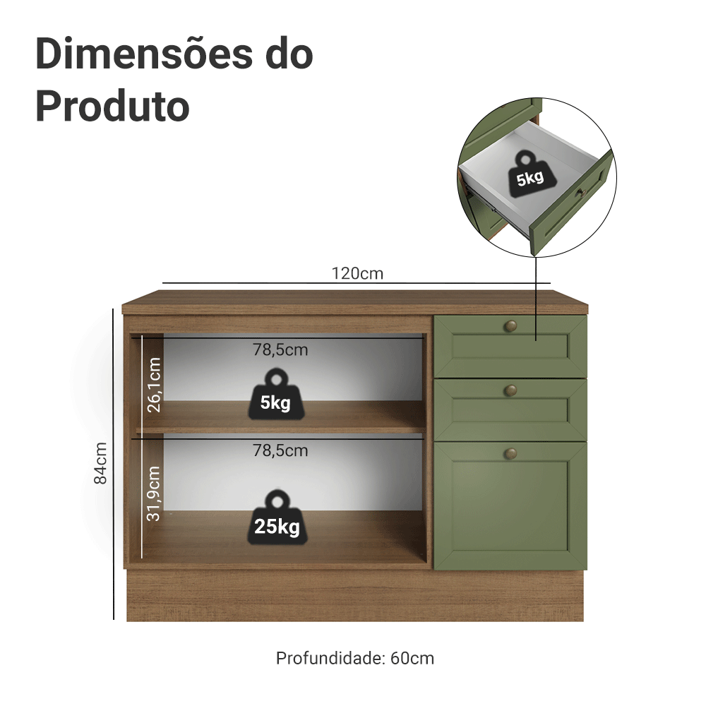 Balcão de Cozinha 120 x 60 cm 2 Portas 3 Gavetas (Com Tampo) Rustic/Verde Vik Madesa