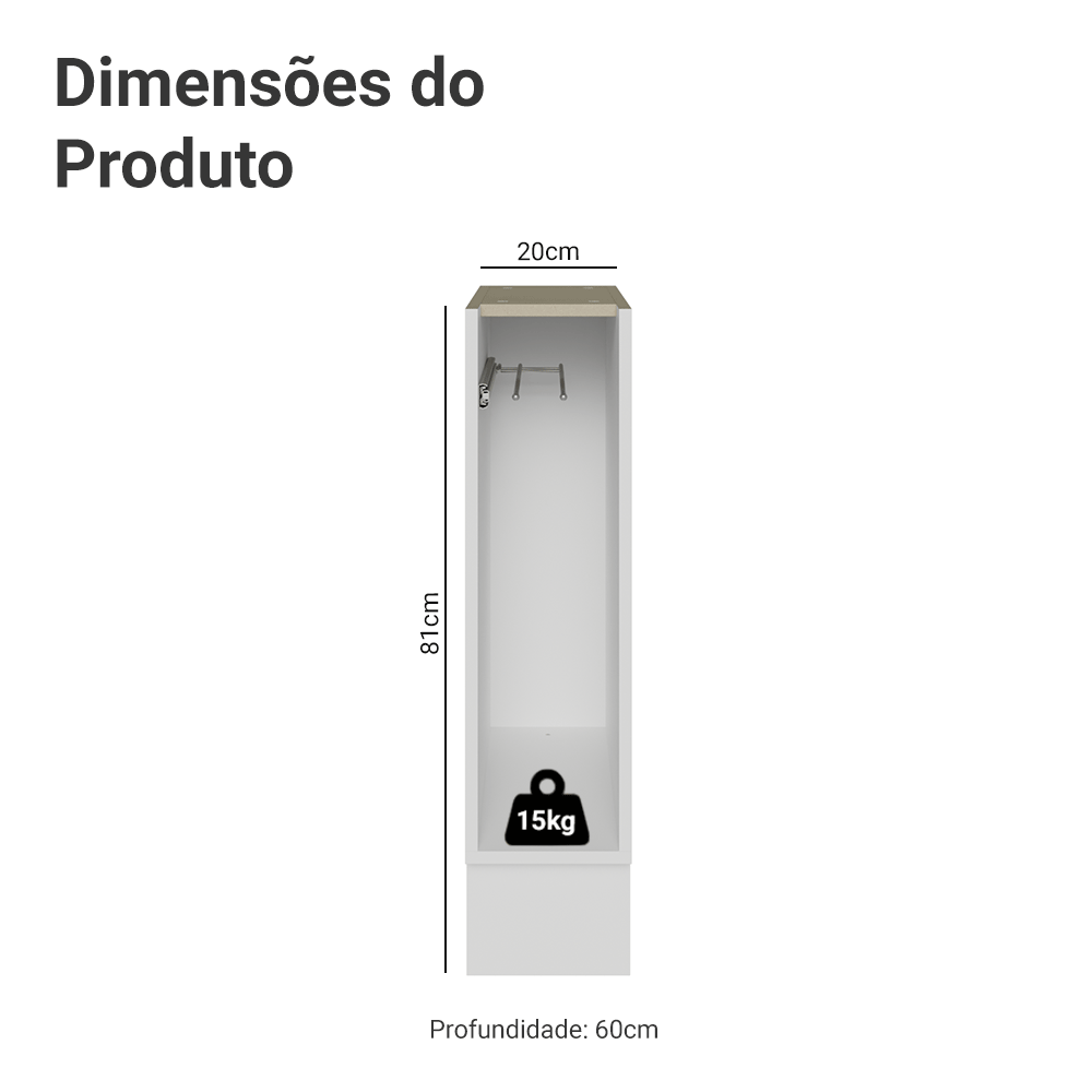 Balcão Porta-Pano 20 x 60 cm (Sem Tampo) para Cozinhas Branco Madesa