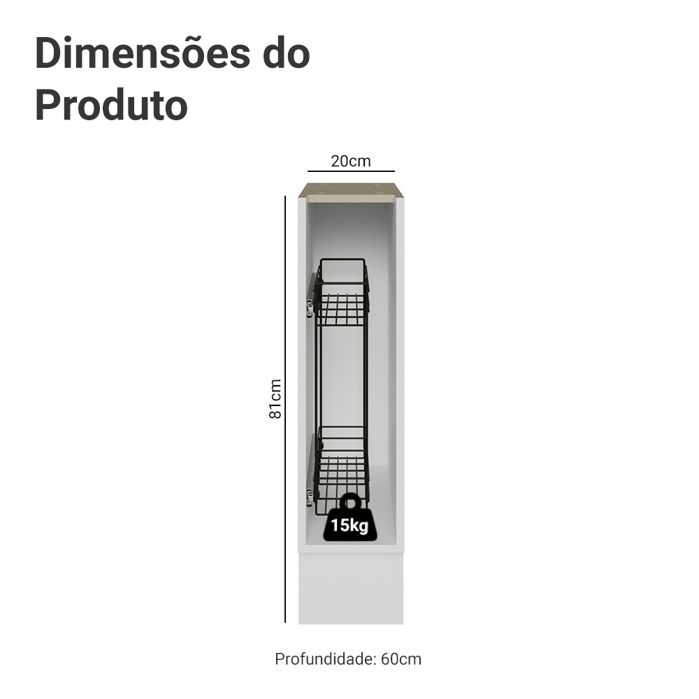 Balcão Porta-Temperos 20 x 60 cm (Sem Tampo) para Cozinhas Branco Madesa